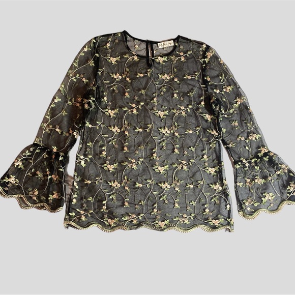 Neiman Marcus Mesh Top with Embroidered Flowers - Picture 2 of 4